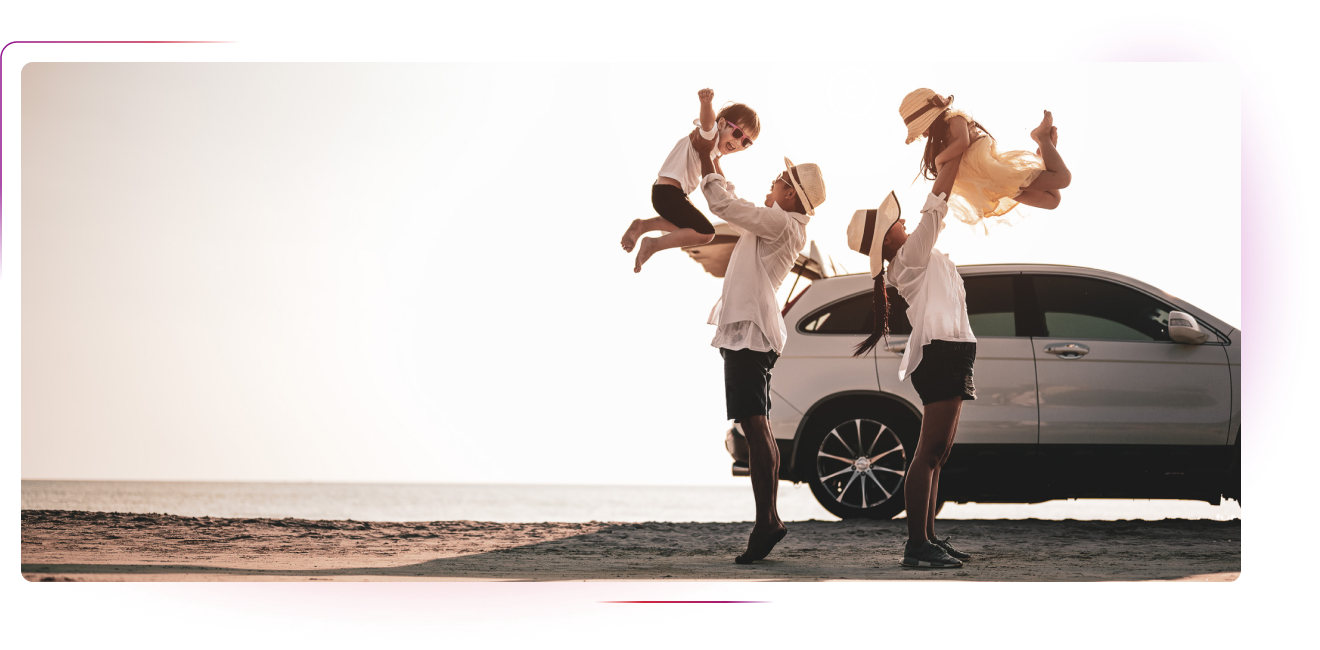 Couple with children next to a car