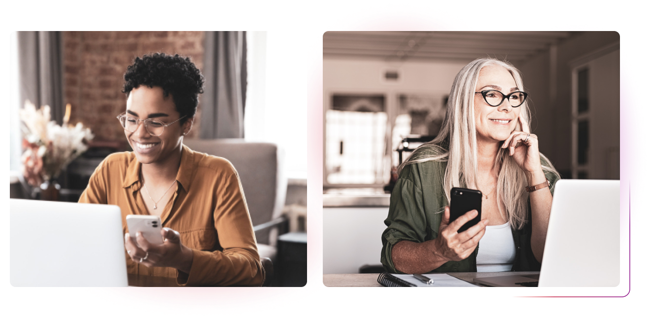 Two women using smartphones and laptops