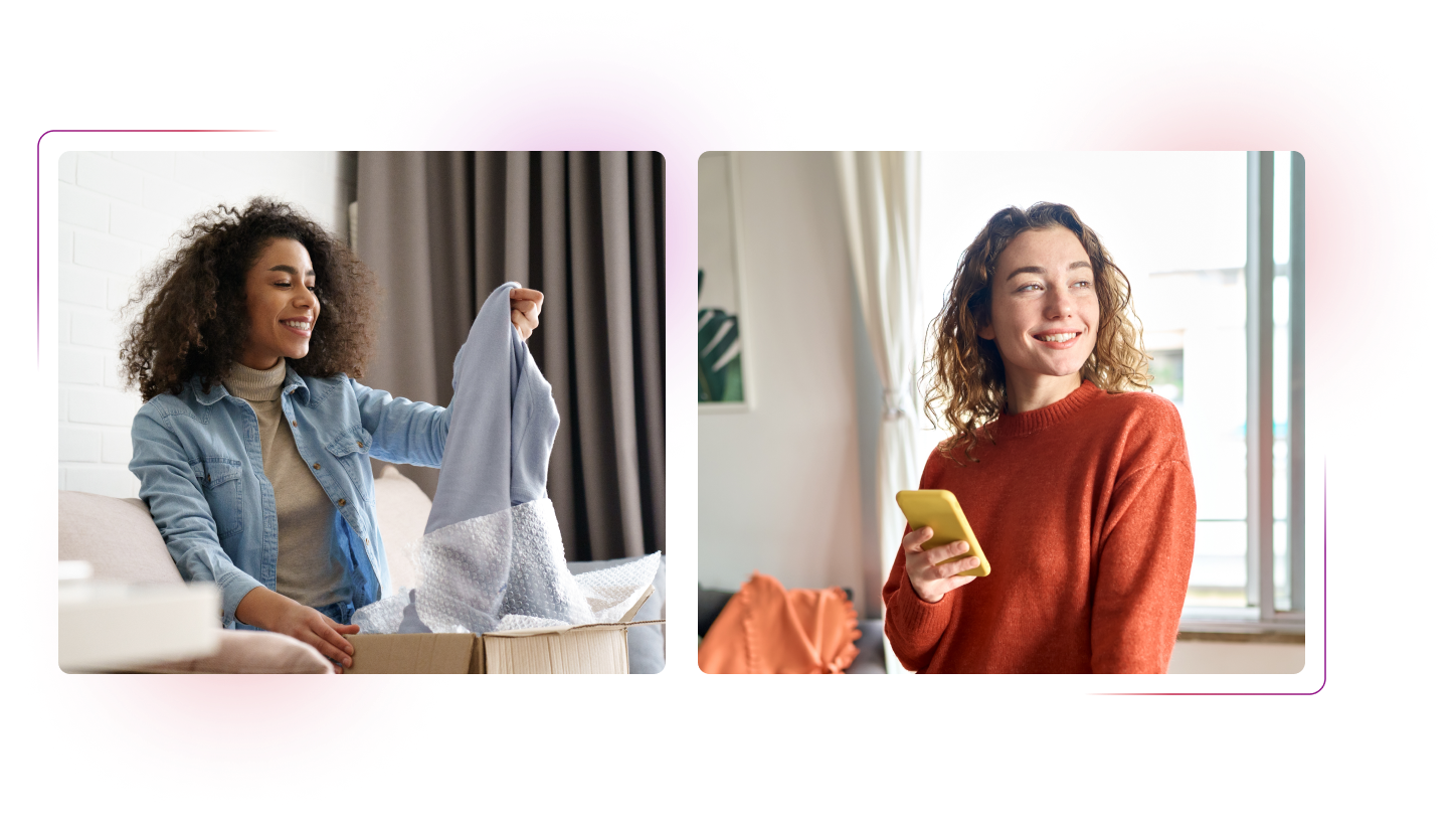 A woman unboxing clothes and a woman using her smartphone