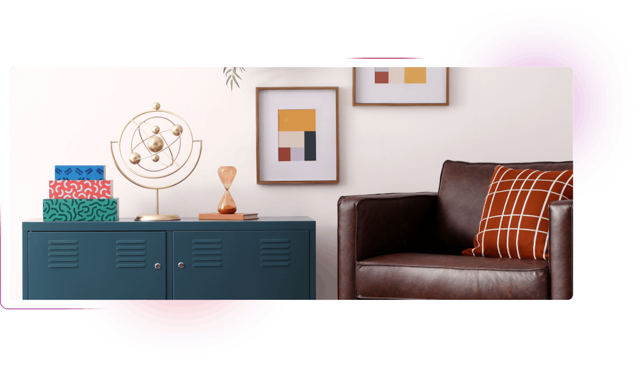Designer furniture and bright paintings