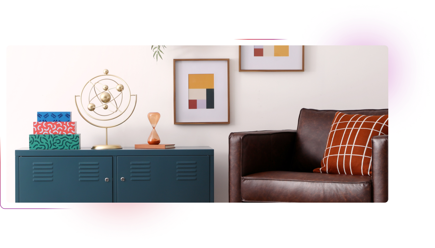Designer furniture and bright paintings