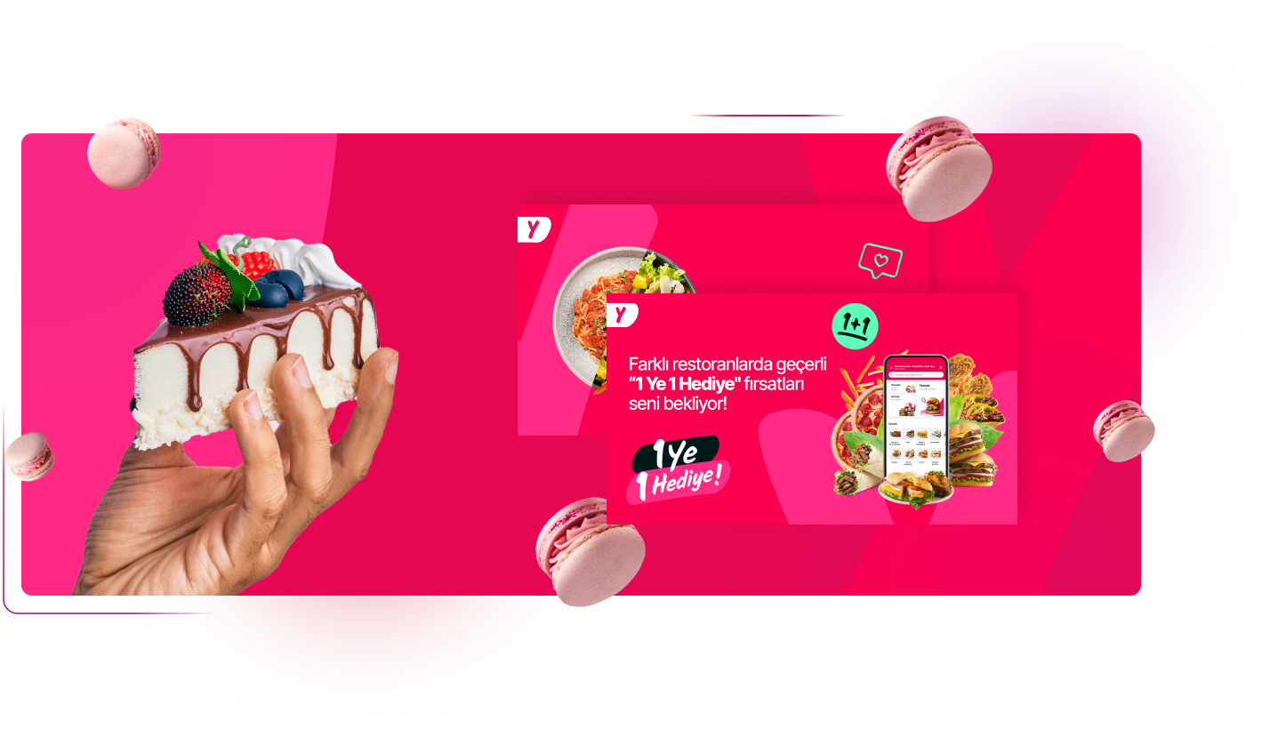 Photo with a piece of cake and app screenshots on pink background