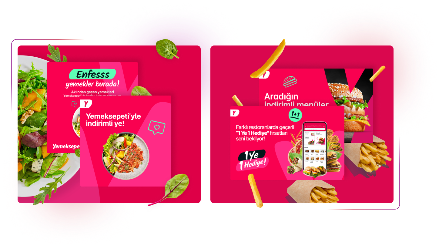 App screenshots on a pink background