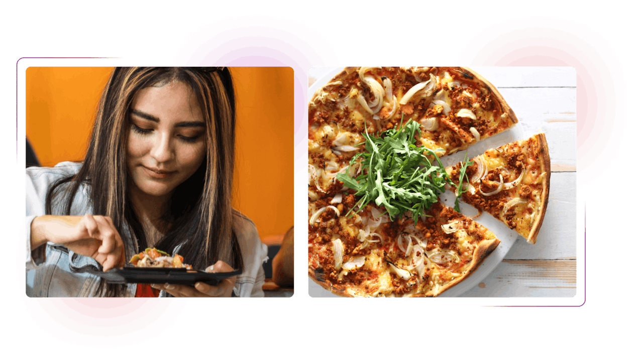 Photo consisting of a woman having a meal and a pizza