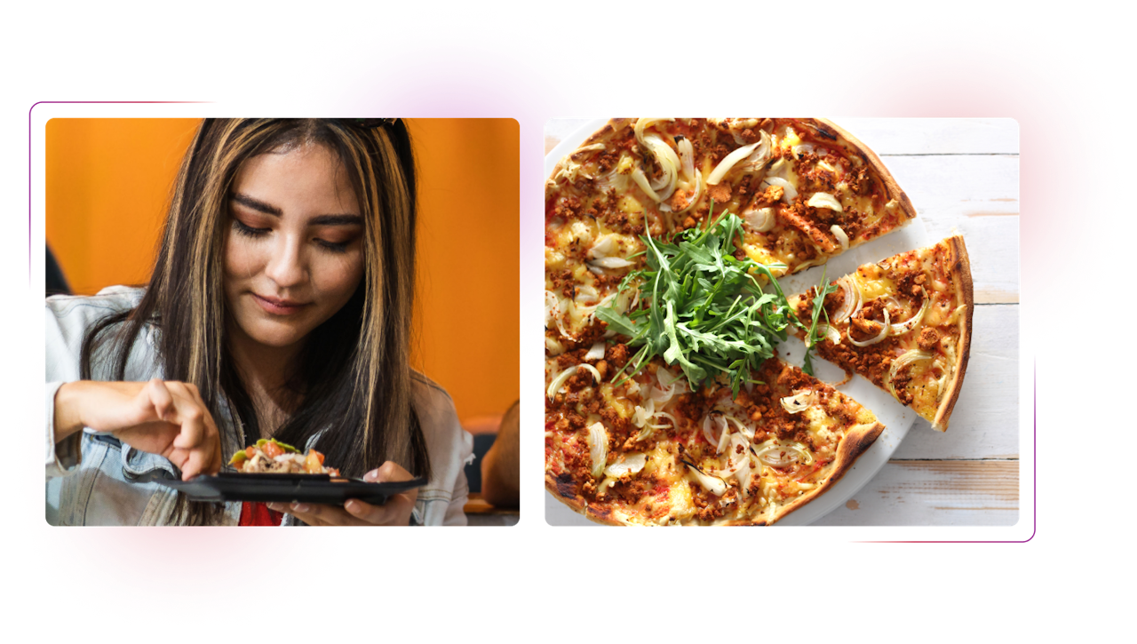 Photo consisting of a woman having a meal and a pizza