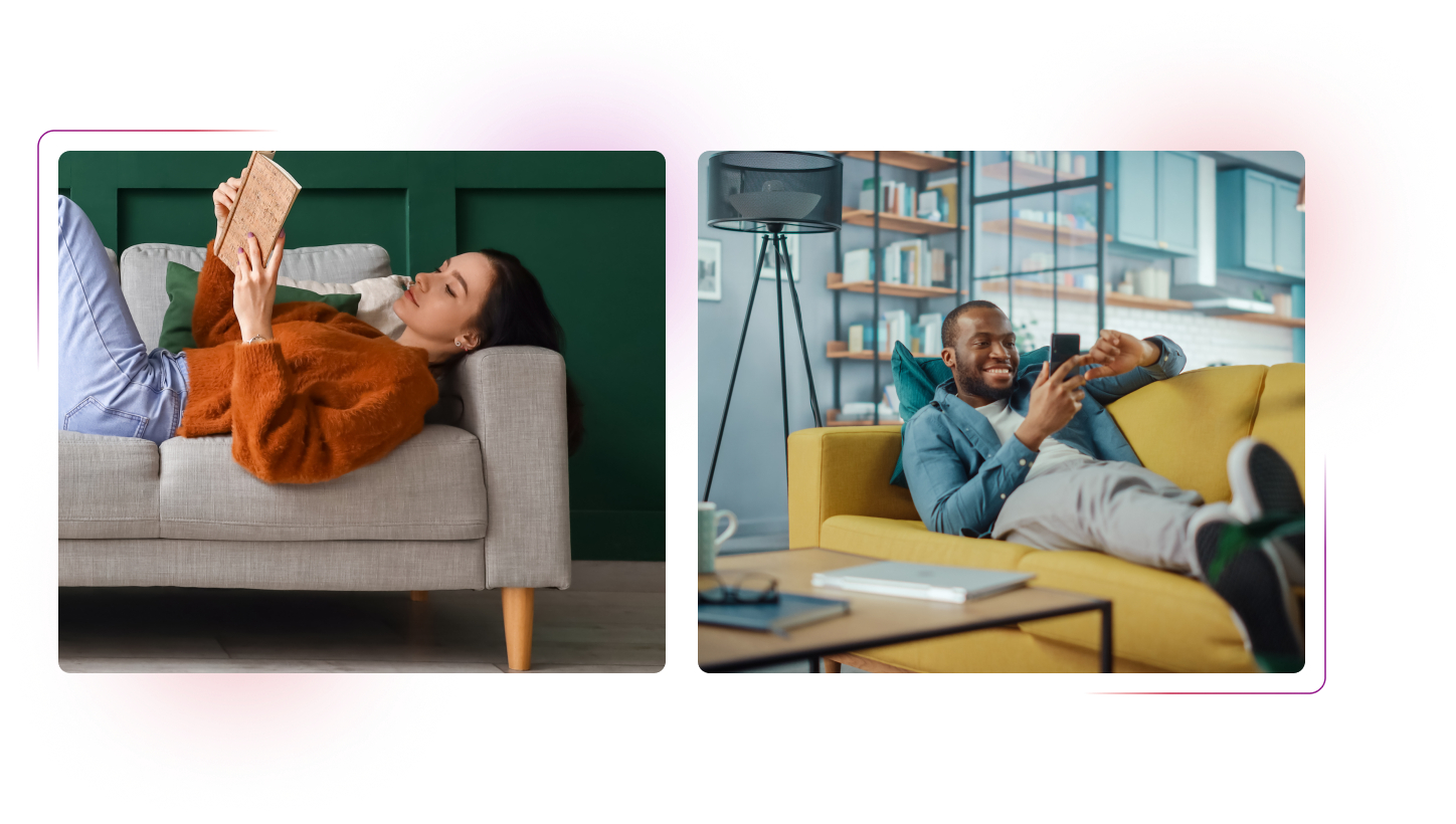 A woman reading a book and a man using a smartphone