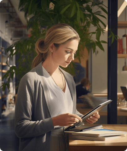A woman in an office setting is focused on using a tablet.