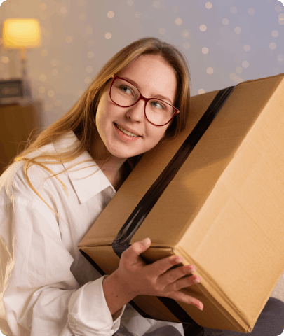 A woman in glasses holds a box, her expression reflecting interest and contemplation about what is inside.