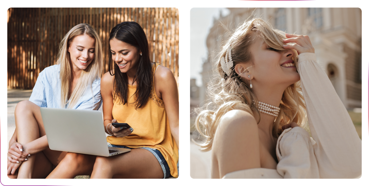 Young girls using laptop together and girl smiling in white clothes
