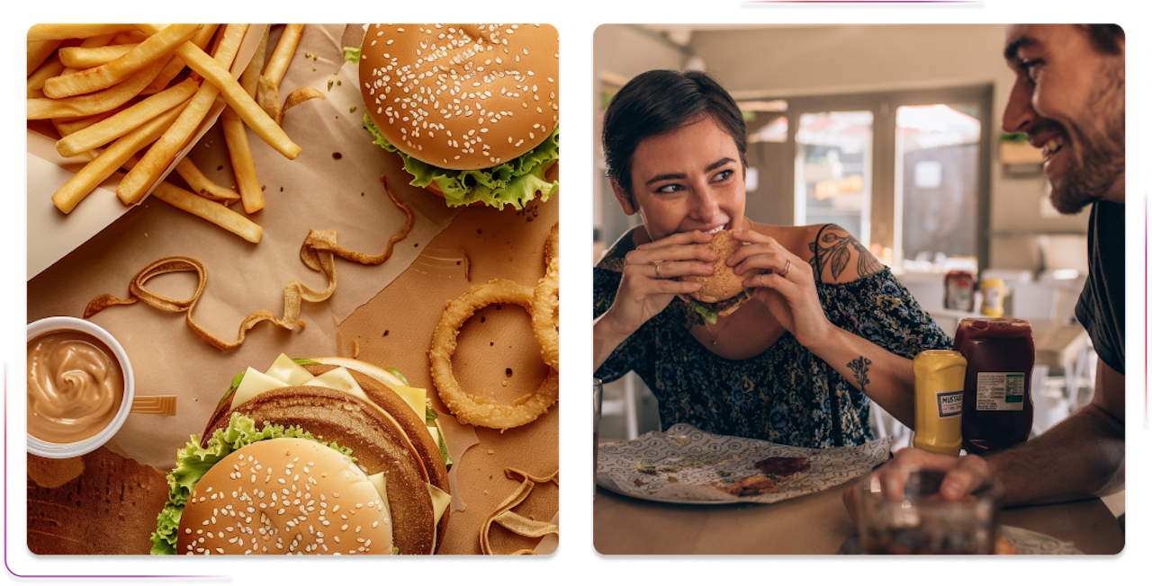 onion rings fries and burgers with sos and young people eating