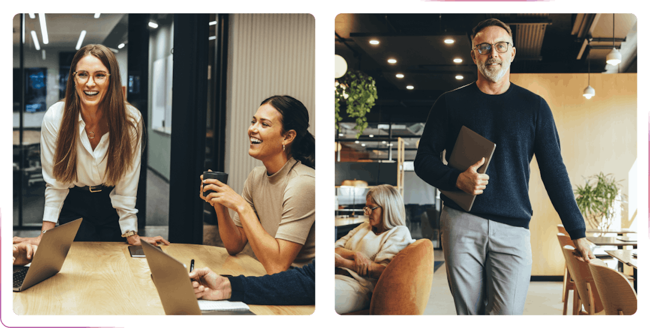 young girls smiling at the office and a guy walking with a laptop