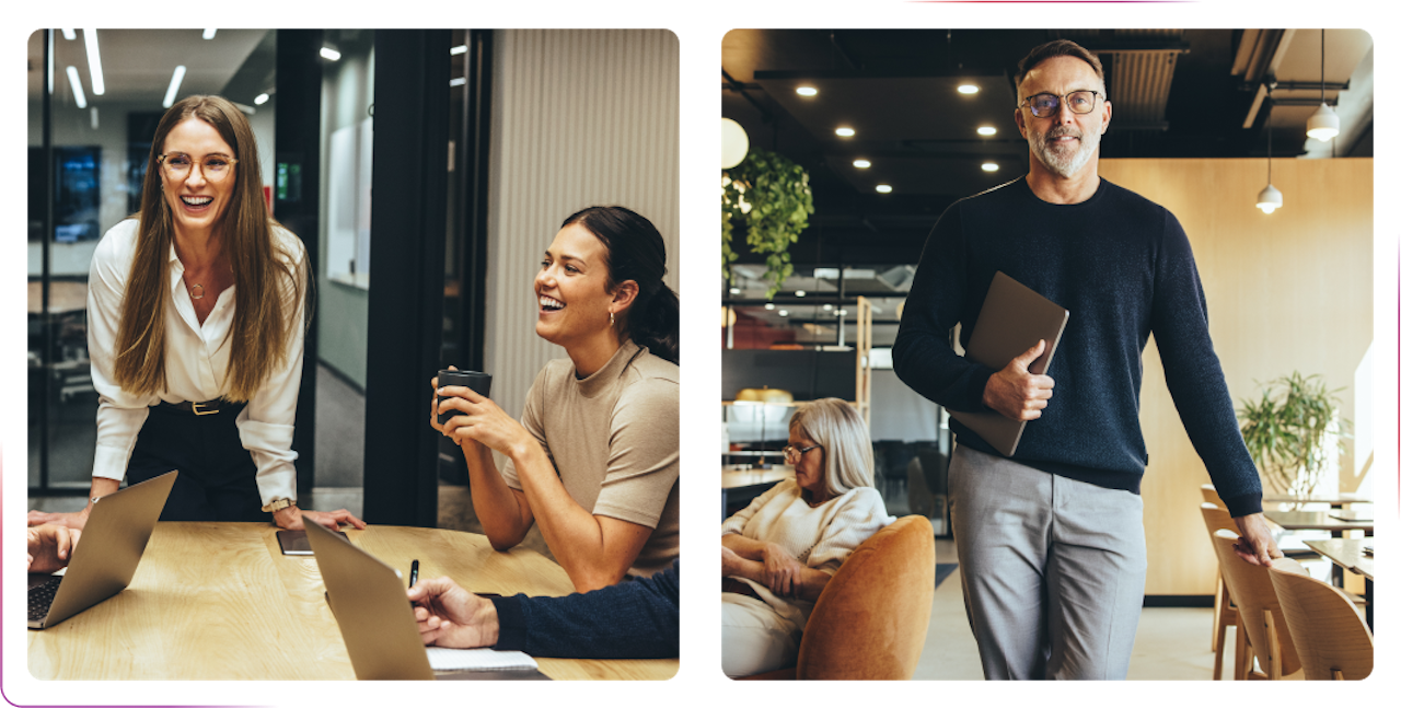 young girls smiling at the office and a guy walking with a laptop