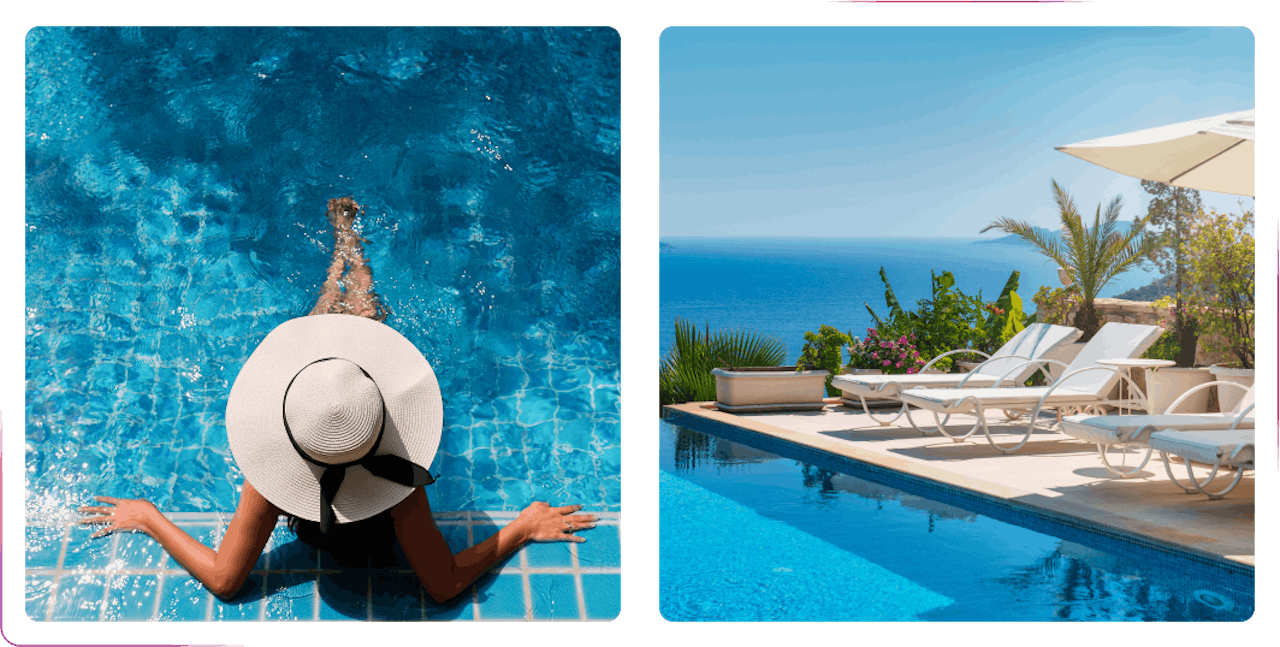 girl sitting in a pool wearing hat and view on the sunbeds and pool