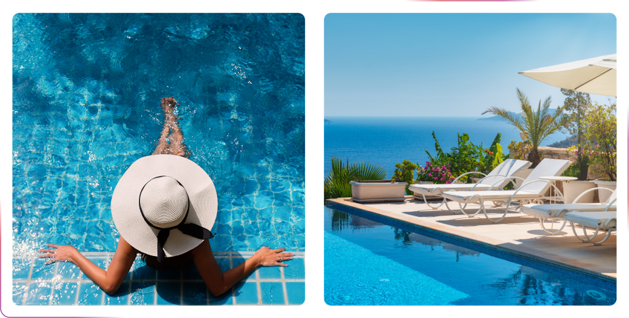 girl sitting in a pool wearing hat and view on the sunbeds and pool