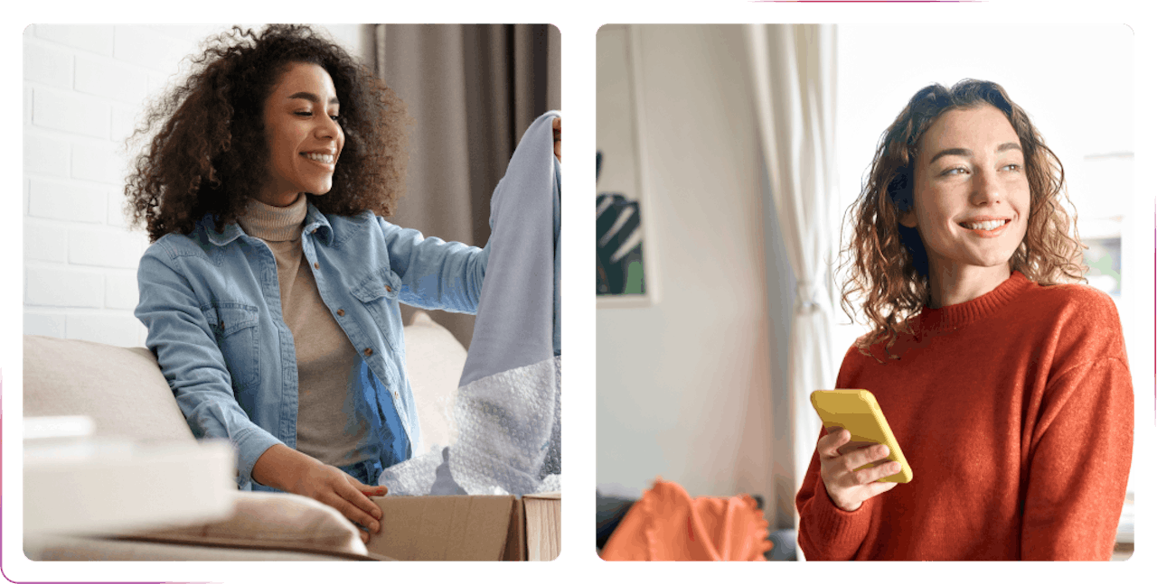 young woman unpacking a box and other woman using a phone