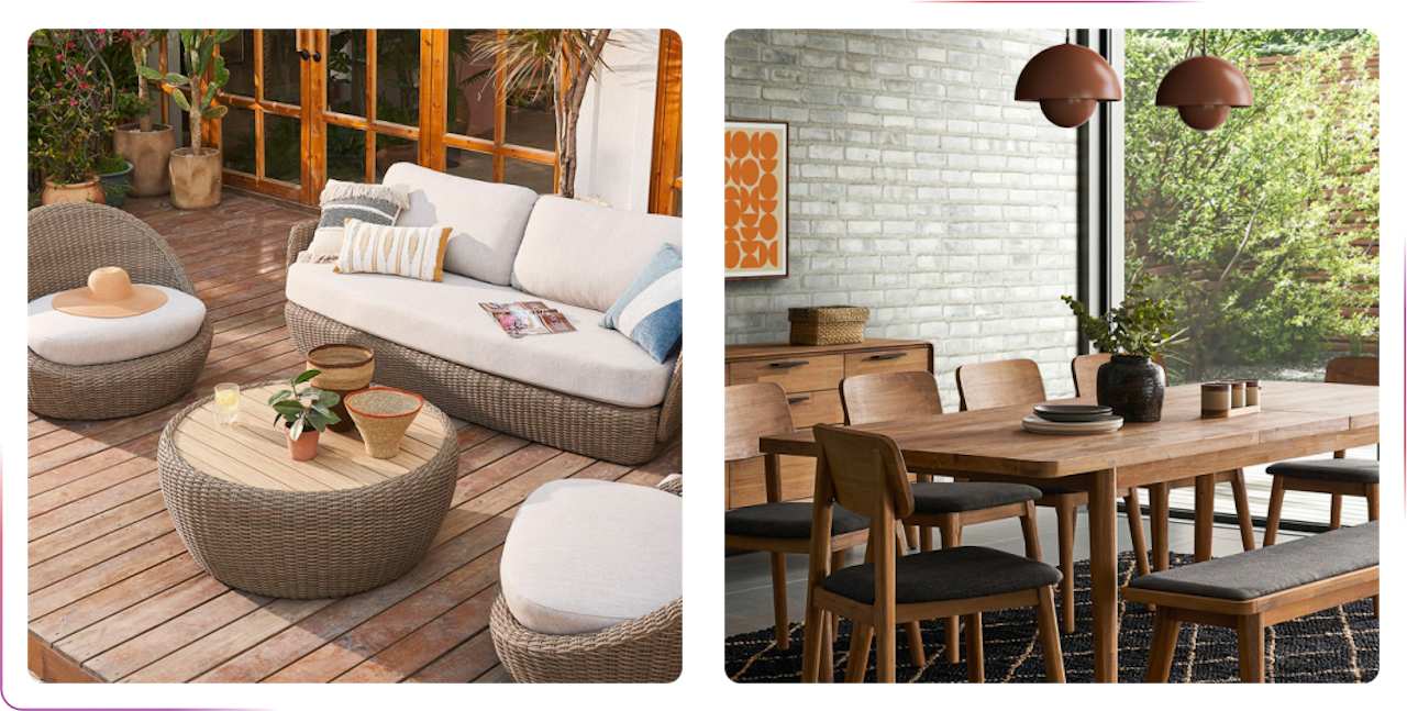 view on the sofa and chairs on the terrace and table in the kitchen