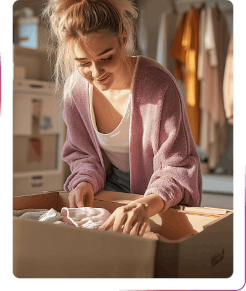 Girl unpacking a box with a clothes