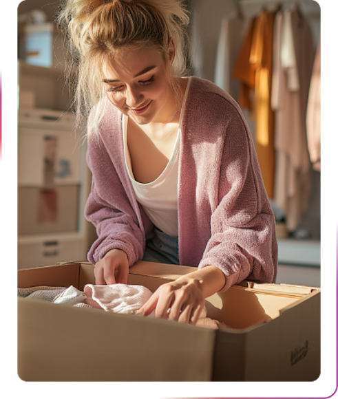 Girl unpacking a box with a clothes