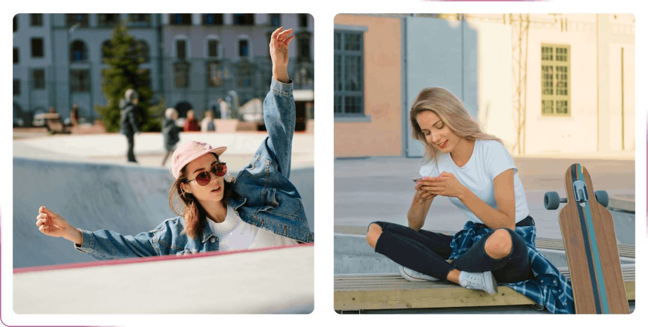 young girls riding a skateboard and girl using a phone