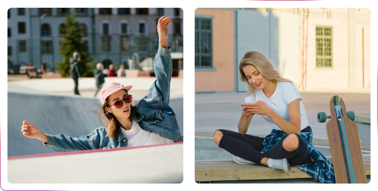 young girls riding a skateboard and girl using a phone
