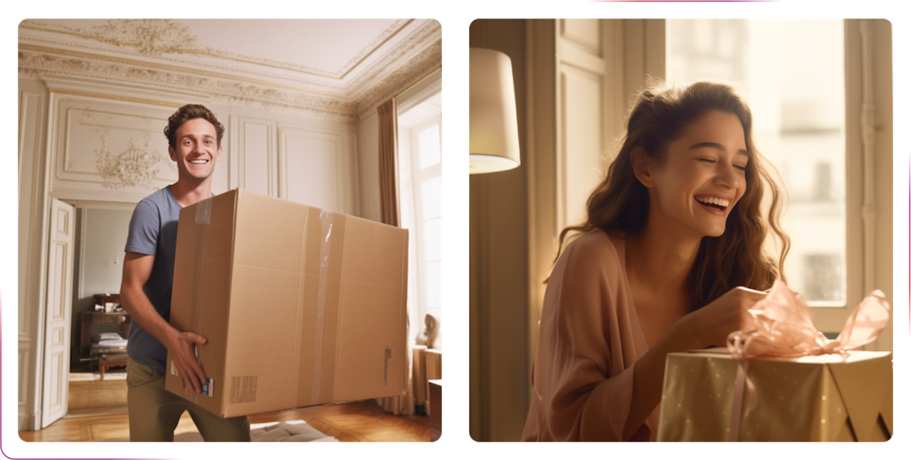 young guy holding box and girl laughing open a gift