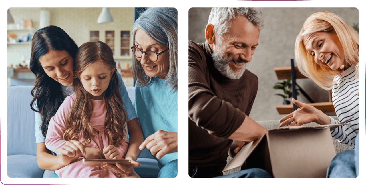 adults with a child using tablet and couple using tablet smiling