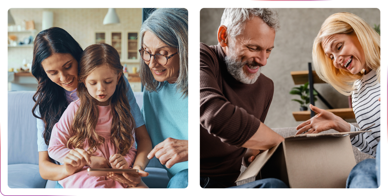 adults with a child using tablet and couple using tablet smiling
