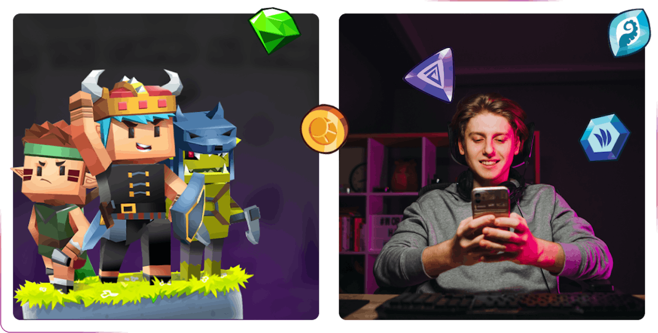 game characters from hunt game and a guy using a phone and smiling