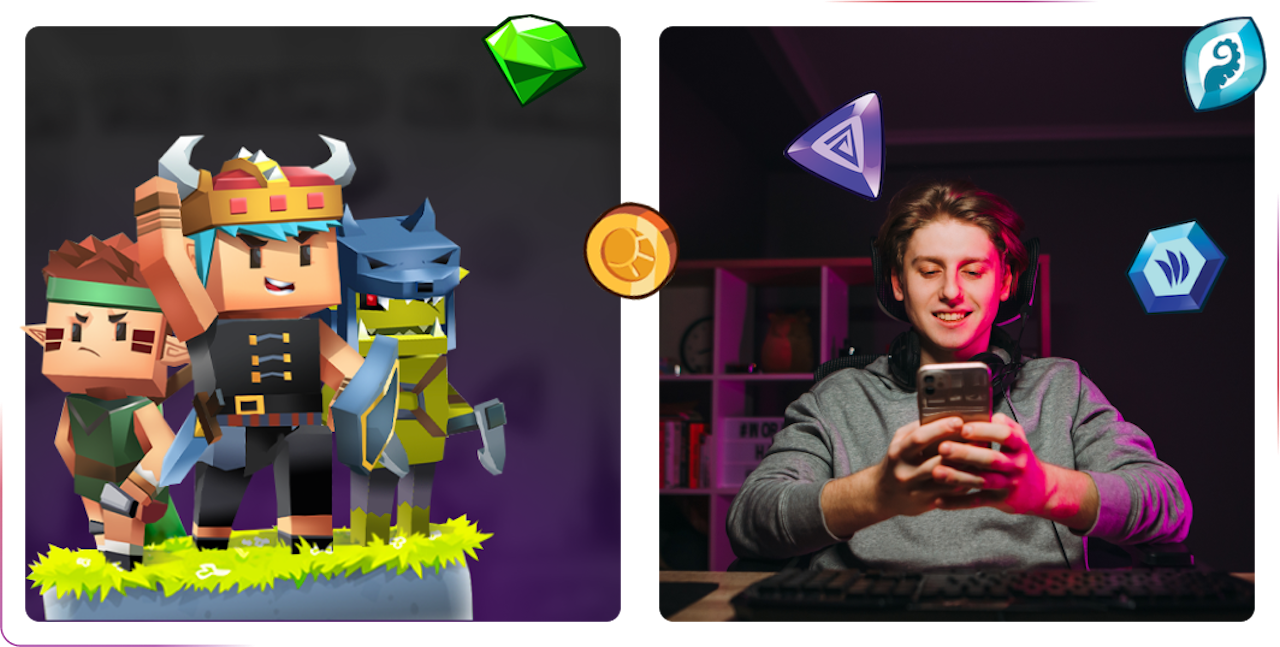 game characters from hunt game and a guy using a phone and smiling