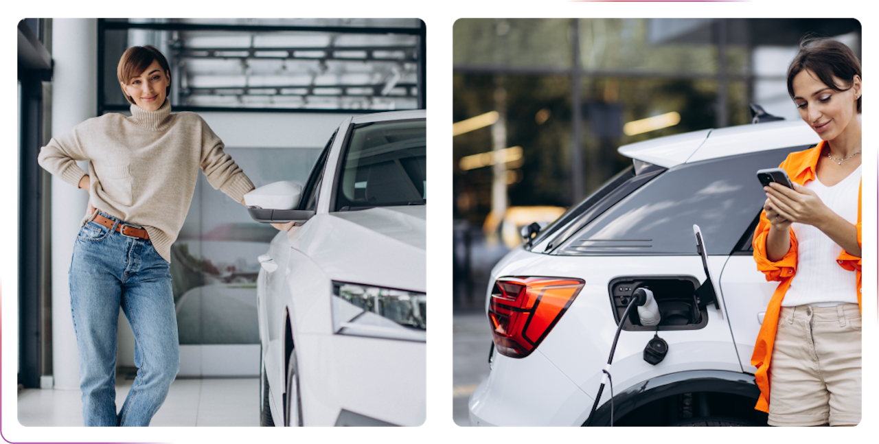 young woman standing next to white car and girl using a phone next to a car