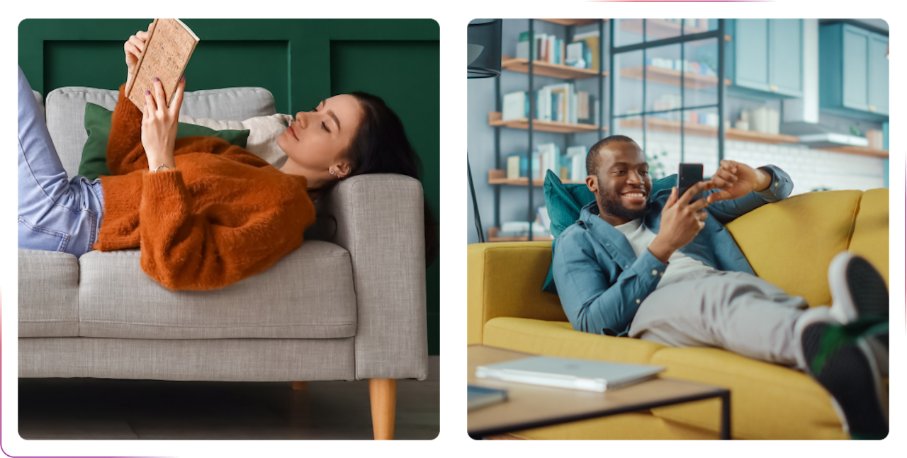 young women reading a book and lying on the sofa and a guy using a phone