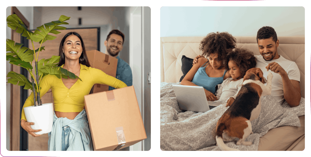 young couple holding boxes and flowers and couple chilling in bed with kid and dog