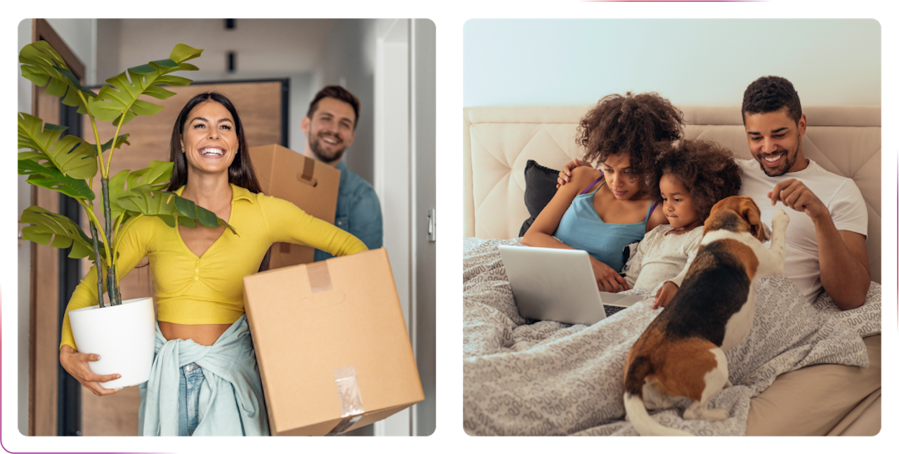 young couple holding boxes and flowers and couple chilling in bed with kid and dog