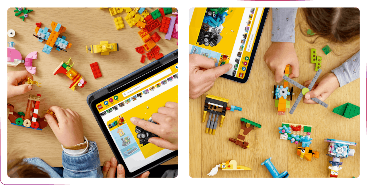 kids playng with the blocks and checking lego website