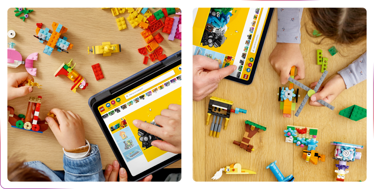 kids playng with the blocks and checking lego website