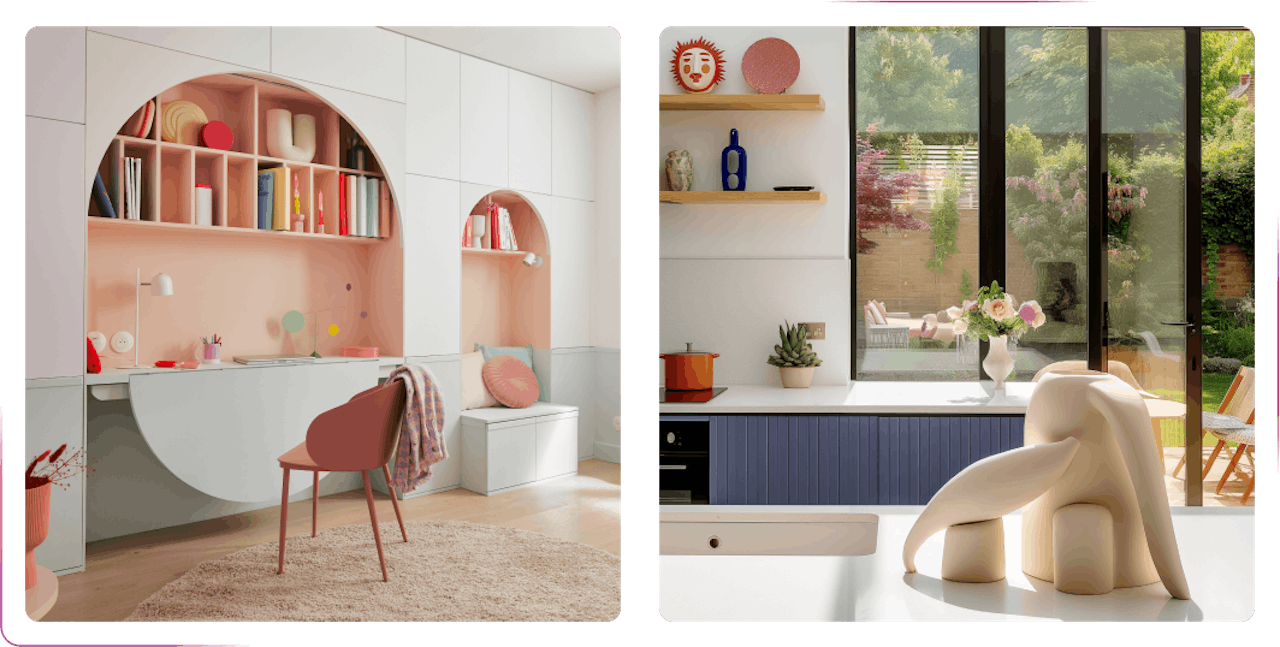 view of the pink room and the kitchen