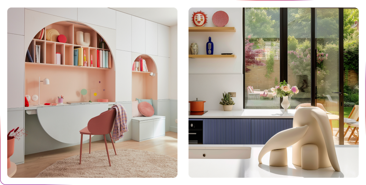 view of the pink room and the kitchen