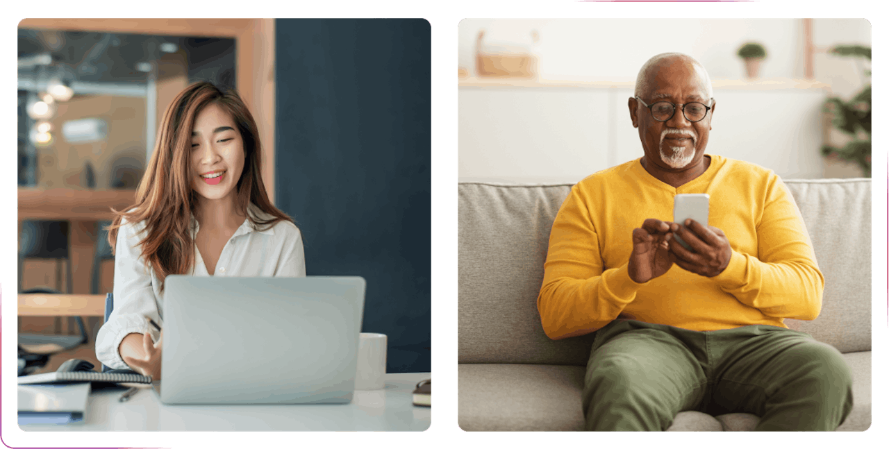 young girl using a laptop and smiling and man using a phone