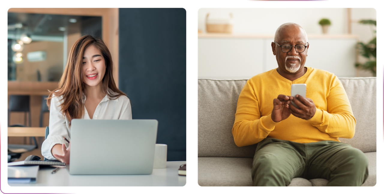 young girl using a laptop and smiling and man using a phone