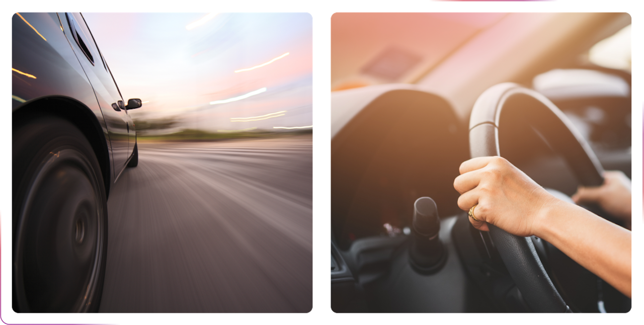 view on a car and hands holding a steering wheel