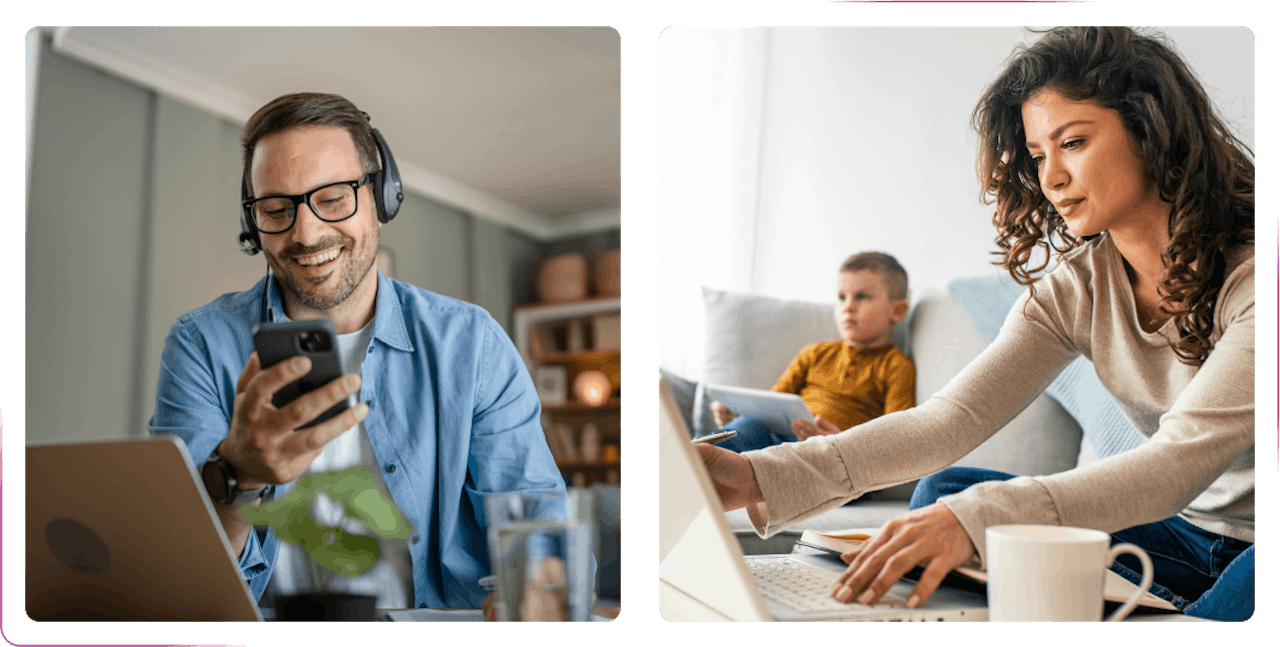 man using phone and smiling and girl using laptop