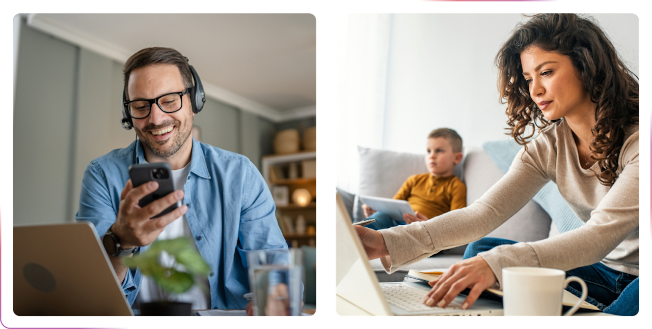 man using phone and smiling and girl using laptop