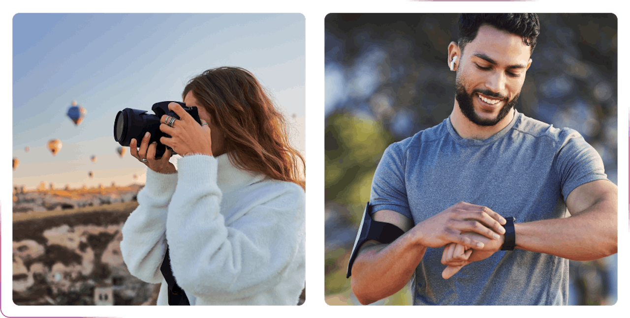 girl making photos and man running checking his watch