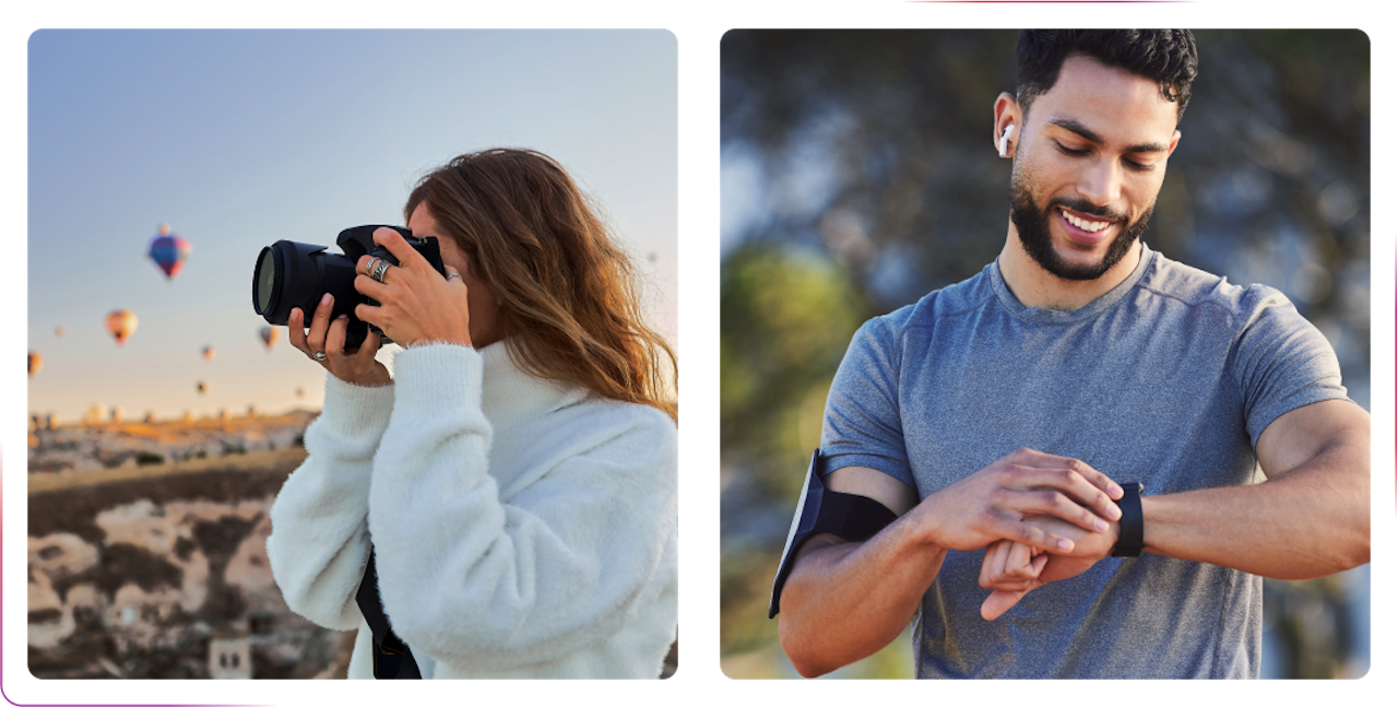 girl making photos and man running checking his watch