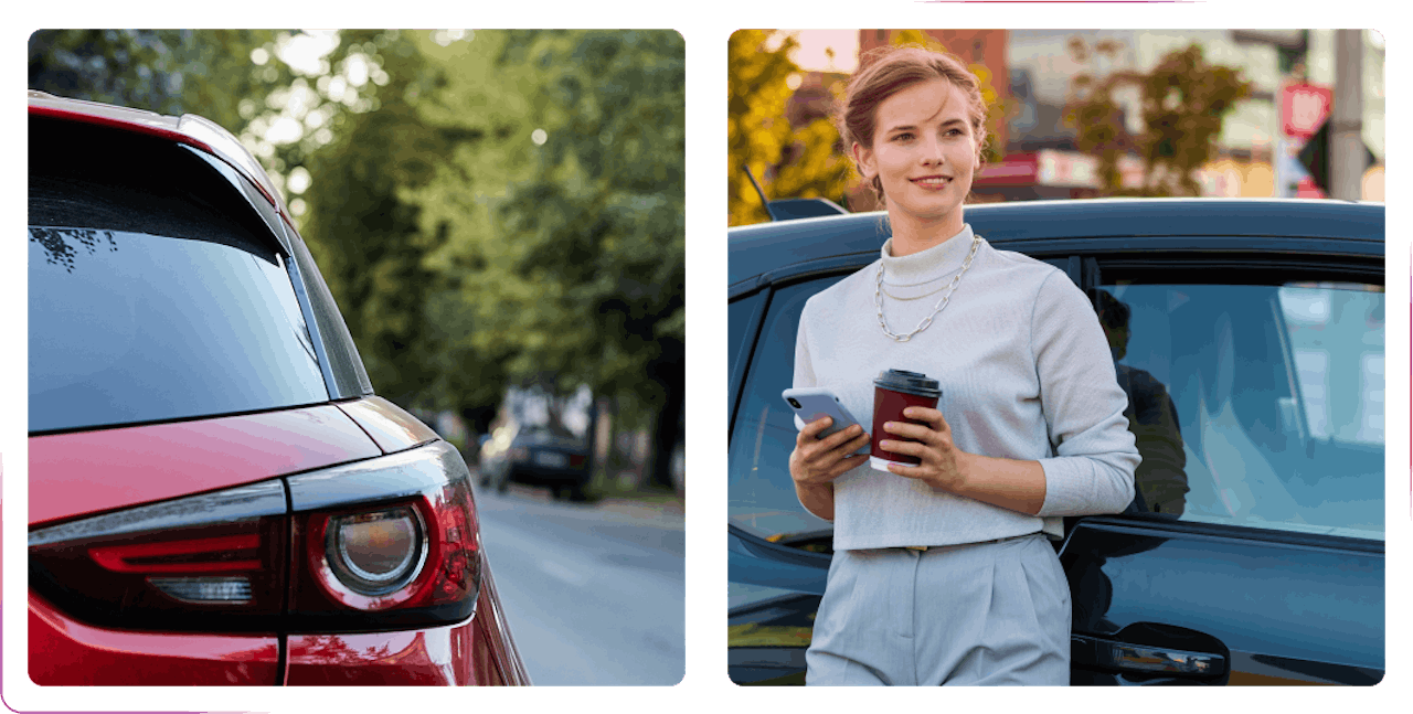 A red car and a girl standing next to black car with a cup of coffee