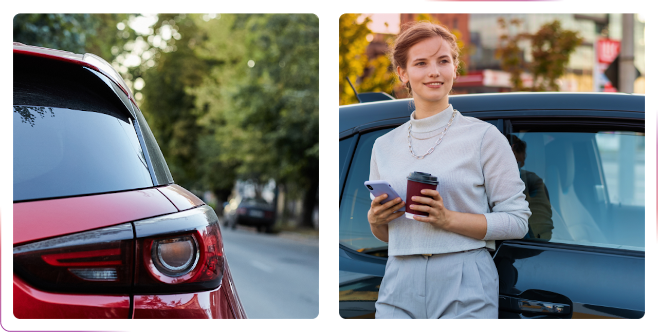 A red car and a girl standing next to black car with a cup of coffee