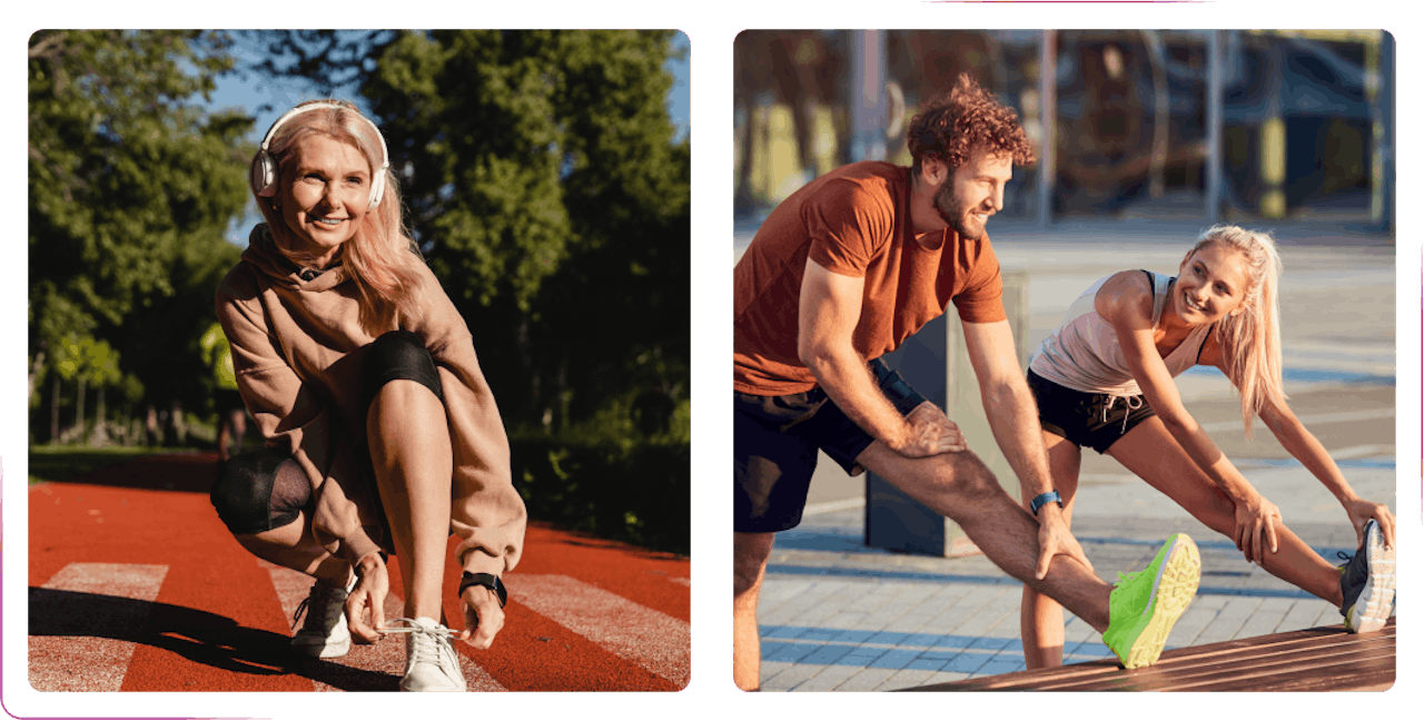 A girl tie white shoe and couple doing exercises
