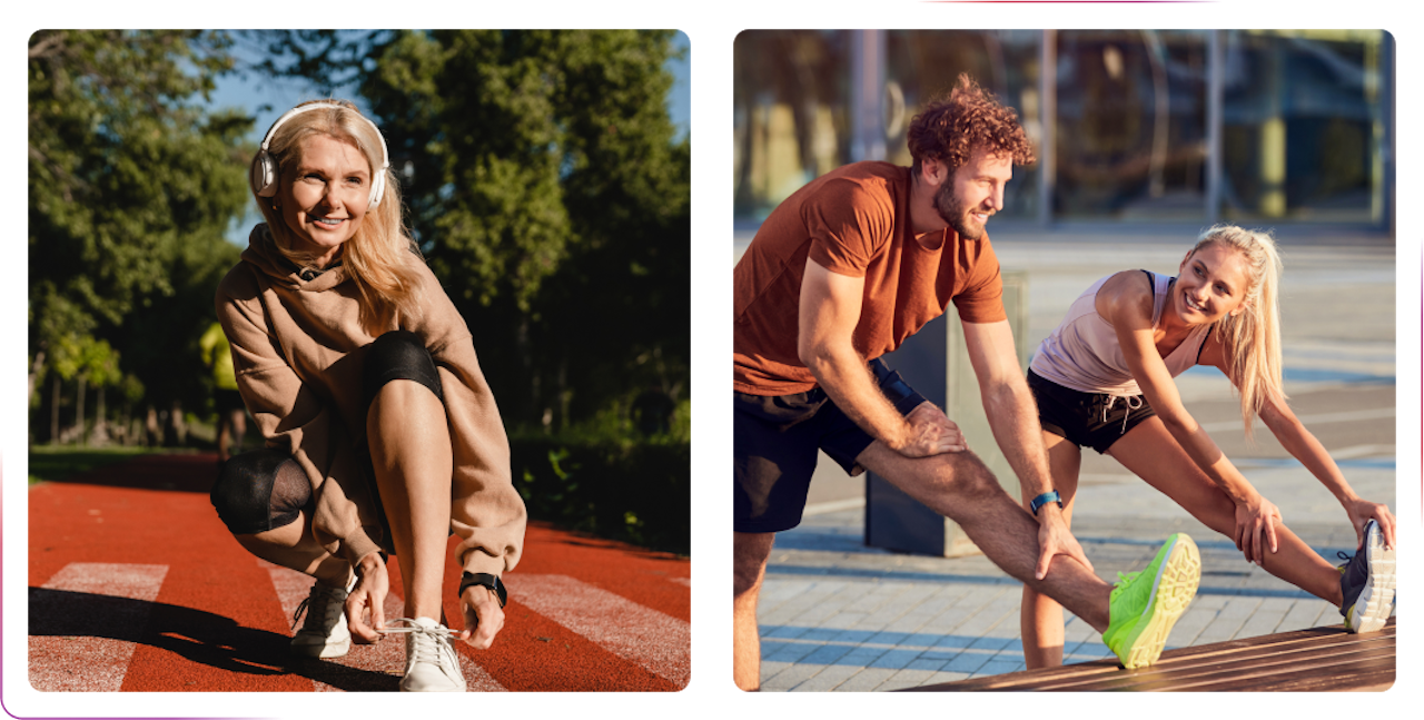 A girl tie white shoe and couple doing exercises