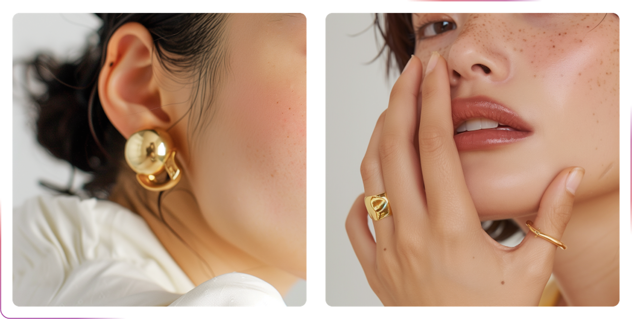 photo of gold earring and girl wearing gold rings