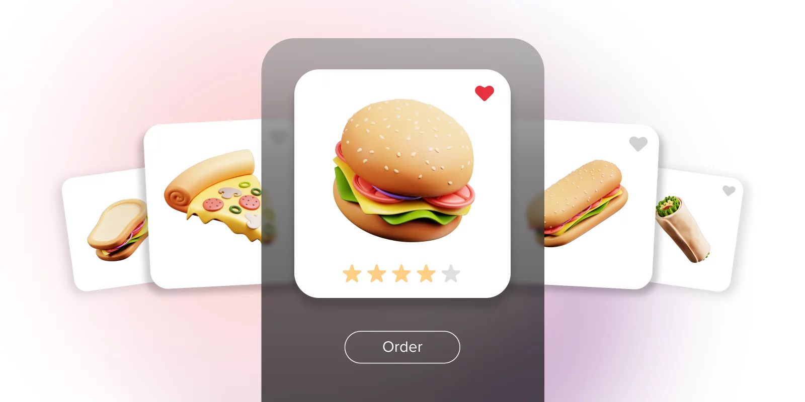 Illustration of burger, pizza slice, and sandwiches